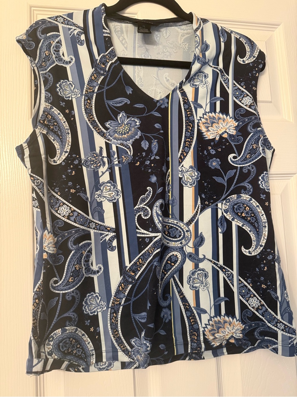 The Limited Blue Paisley & Stripe V-Neck Sleeveless Top